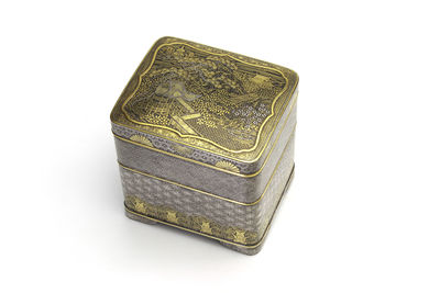 大森作 花草亭閣文 金工象嵌重箱