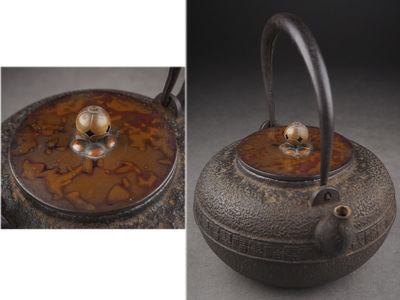 【夢工房】時代斑紫銅蓋福寿紋鉄瓶　　壬-1