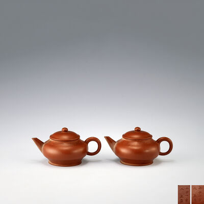 孟臣在銘　「山中一古人」朱泥急須一対(箱付）