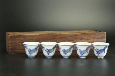 大明成化年製 田園犬青花茶杯 五客