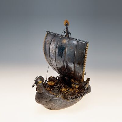 金工金象嵌銀製宝船（箱付）