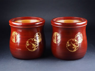 【夢工房】時代美しい溜塗三友図蒔絵火鉢一雙箱入 重さ計3.3ｋｇ　来-21