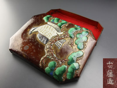 【雅】古美術品 時代安藤七宝極上細工鷹松文硯箱 時代品 AU800