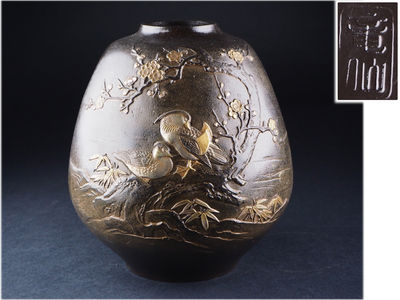 【夢工房】　竜仙造梅に水鳥金工銅瓶　3.2ｋｇ　来-20