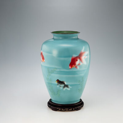 安藤七宝 無線金魚図七宝花瓶（共箱）