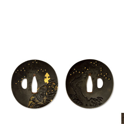 古川常珍花押　張良樊噲図人物鐔　特別保存刀装具鑑定書付 複数文献登載有（識箱）