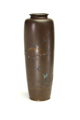 山本在銘  富士山水文象嵌 銅花入