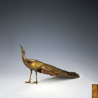 秀尚作 銅地象嵌孔雀置物