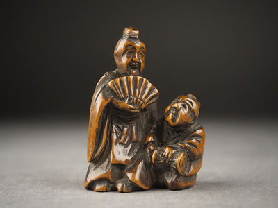 【夢工房】時代黄楊木彫根付「三河漫才」　丁-19