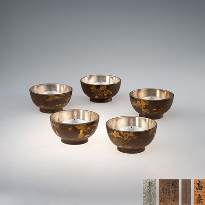 在銘 内銀張 金蒔絵象嵌入 茶碗5客（木箱）