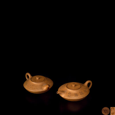 陽羡延莢氏製　白泥急须一双　在銘（箱付）