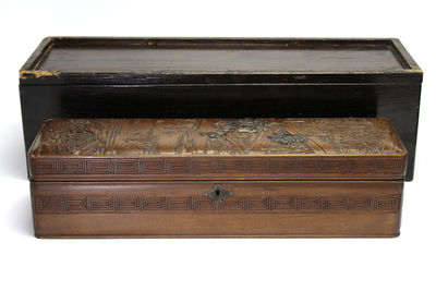 家屋山水雕 金銀人物象嵌 木盒（合箱）