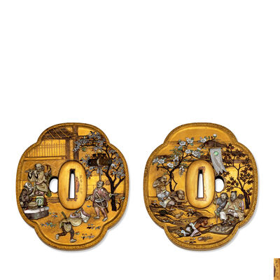 古満休伯作　芝山象嵌蒔絵大鐔（箱付）