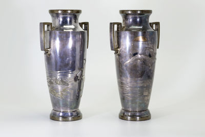 貞勝·宗光合作 純銀朝日鶴圖 浮雕金象嵌花瓶一對（共箱）