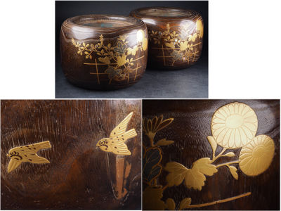 【夢工房】　時代桐華鳥垣根蒔絵螺鈿火鉢一雙箱入　来-30