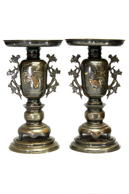 彩金象嵌花鳥文 花枝耳 銅花入一對