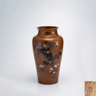 越中高岡作関儀造 金銀象嵌秋草花鳥文銅花瓶