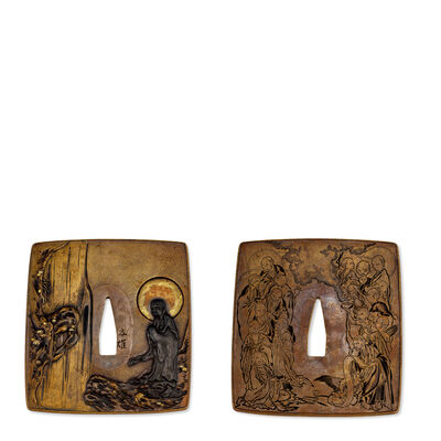 夏雄銘　御釈迦様十六羅漢図刀鐔（箱付）