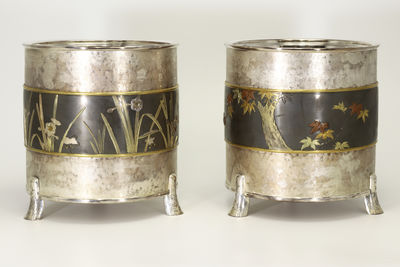 鈴木美彥作 純銀朧銀製 12月花鳥繪火鉢 6組箱