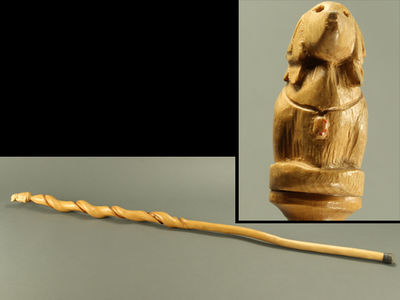 【雅】古美術品 木製犬持ち手杖 ステッキ AT226