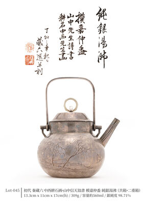 初代 秦蔵六 中西耕石画・山中信天翁書 模嘉仲盉 純銀湯沸（共箱・二重箱）