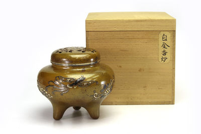 六代柳濟友善 在銘 金銀象嵌 純銀香爐（共箱）