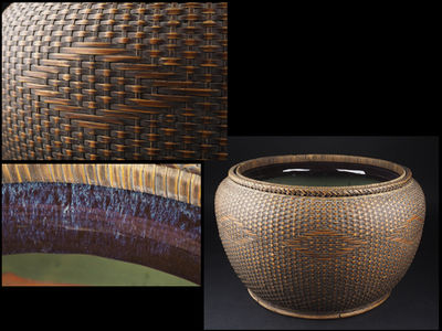 【夢工房】時代籐編内海鼠釉瓶掛火鉢　12ｋｇ　辰112