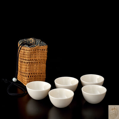 初代三浦竹泉造　玉露煎茶碗5客　藤編天葵付（碗筒）